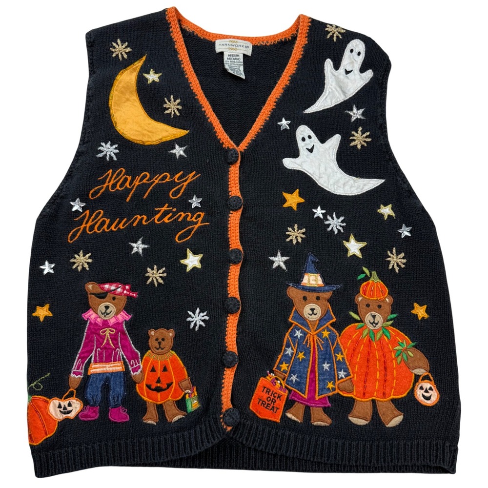 Yarnworks Halloween Sweater Vest Medium Happy Haunting Bears Ghosts Black Knit